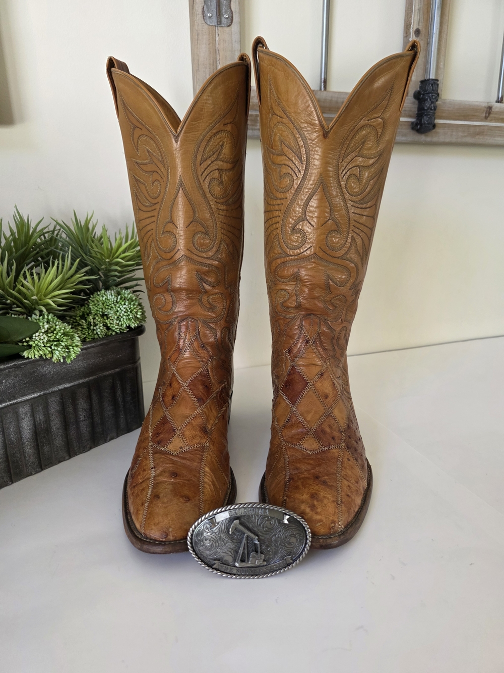 Vintage Ostrich  Leather Western Boots Mens 9.5D Womens 11 USA Made + Buckle - Picture 7 of 16